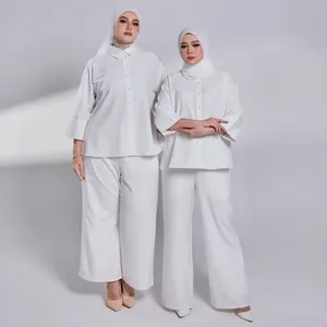 Women Drop Shoulder Shirt <b>White</b> OEM Malaysia Manufacturer High-<b>Low</b> <b>Cut</b> Modest Blouse Side Slit Button Opening <b>Top</b> Wear - Product Image 5
