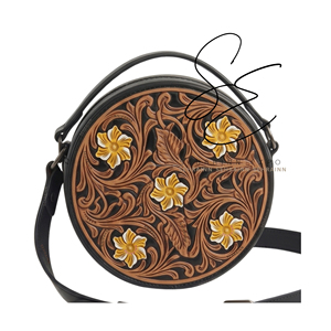 SEHRAINN Genuine Leather Round Crossbody Bag Bohemian Floral Tooled Design Large Capacity Women's Shoulder Bag - Product Image 1