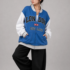 London England Varsity <b>Jacket</b> Blue White Sleeve Zipper Front Logo Print Autumn Wear Women's <b>Jacket</b> - Product Image 1
