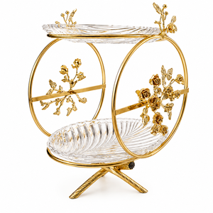 Supports à pâtisserie à deux niveaux de style déco, en aluminium, ornés d'une rose, faits à la main, pour mariage, anniversaire, table, comptoir - Product Image 2