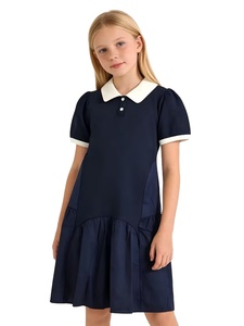 New Girls' 100% Cotton Woven Loose Mid-Length High School Uniform Dress Blue White Color Block Polo Collar Design Perfect - Product Image 2