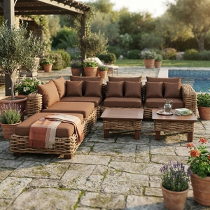 Outdoor Rattan Woven Sofa Set Mahogany Wood Frame Wicker Furniture Ksvw Cushion Lounge Sofa Coffee Table Setup Art Design - Product Image 2