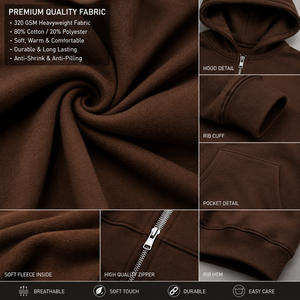 เสื้อแจ็คเก็ตฮู้ดดี้สีน้ำตาลทรงโอเวอร์ไซส์สำหรับผู้ชาย พร้อมซิปแบบเต็มตัวและโลโก้ประดับเพชร เสื้อสเวตเชิ้ตสตรีทแวร์เนื้อหนา รับผลิตตามแบบ OEM - Product Image 5