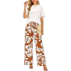 Ladies Summer Casual Daily Wear 2-Piece <b>Set</b> 2025 Short-Sleeved <b>Knit</b> Shirt Floral Print Belt Wide-Leg Pants Breathable Loose Fit - Product Image 1
