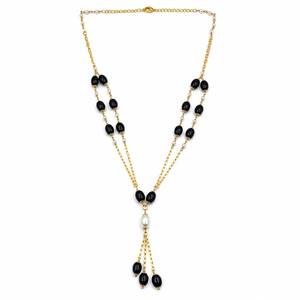 Collar Personalizado Chapado en Rodio con Cuentas Ovaladas de Ónix Negro, Perlas de Semilla y Borlas en Cascada, Cadena de Cable, Joya de Regalo Nupcial para Mujer - Product Image 2