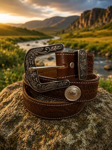 Cinturón Western de Cuero Genuino Hecho a Mano con Conchos para Hombre y Mujer |   Cinturón Vaquero Vintage de Cuero Vacuno con Hebilla Grabada - Product Image 2