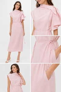 Robe élégante mi-mollet rose pour femme - Décontractée, col rond, coupe trapèze, aspect lin, taille à cordon, pour les vacances et le quotidien - Product Image 5