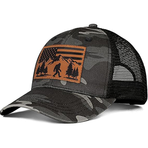 Custom Brand High Quality Mesh <b>Back</b> Promotional Truckers Hats Black Mesh Trucker Hat With Leather <b>Patch</b> Bigfoot Mountain Design - Product Image 3