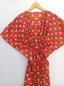 Women Pink Floral Block Print Cotton Kaftan Maxi <b>Dress</b> Loose Fit <b>Boho</b> <b>Summer</b> Beach Resort Wear - Product Image 5
