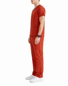 Unisex Red <b>Doctor</b> Scrub <b>Set</b> Rayon Woven V-Neck Short Sleeve Pants - Product Image 4