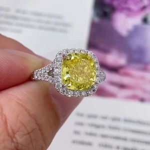 Trendy 4ct Fancy Yellow <b>Cushion</b> Lab Grown Diamond Minimalist Halo Split Shank 14K White Gold Engagement <b>Ring</b> IGI Certified - Product Image 5