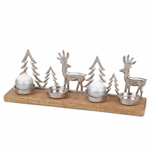 Portavelas Navideño de Aluminio Plateado con Base Rústica de Madera de Mango, para 4 Velas de Té, en Oferta - Product Image 2