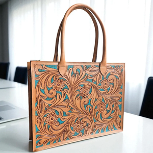 Sac fourre-tout en cuir artisanal pour femmes, sac à main en cuir véritable à motifs floraux avec poignée supérieure - Product Image 4