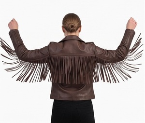Wholesale Women Fringe <b>Tweed</b> <b>Jacket</b> Vintage <b>Brown</b> Western Cowgirl Biker Heated Windproof Genuine Tassel Motorcycle Coat - Product Image 3