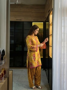 Women's Yellow Floral Printed Cotton Salwar Suit Set Loose Fit Traditional Casual Wear India Pakistan Style All Seasons - Product Image 4