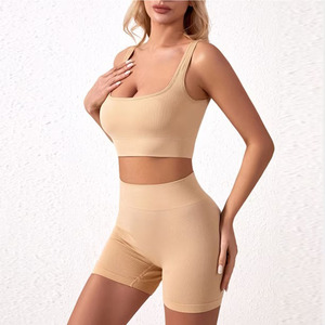 Conjunto de yoga de 2 piezas para mujer, de color liso, de secado rápido, sin costuras, transpirable, a prueba de golpes, con sujetador deportivo de tiras y leggings de cintura alta con efecto levantacola. - Product Image 3