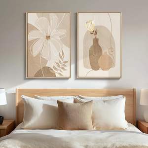 Décoration Murale Florale Bohème Neutre Faite à la Main Encadrée pour Chambre à Coucher, Ensemble de 2 Vases à Fleurs Beige, Impression UV sur Toile Minimaliste Bohème - Product Image 1