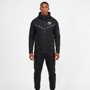 <b>Mens</b> Solid Black Hooded Tracksuit Set Full Zip Breathable Quick Dry 100% Cotton Sportswear <b>Jacket</b> Jogger Pants <b>Reflective</b> - Product Image 1