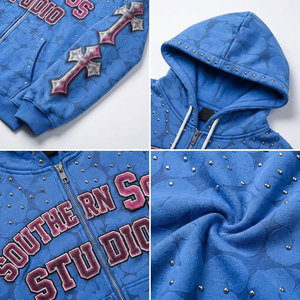 Ensemble de survêtement streetwear bleu à imprimé intégral, style unique, délavé à l'acide, 100% coton épais, coupe régulière, sweat à capuche zippé et pantalon - Product Image 6