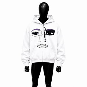 Sweat à capuche zippé personnalisé blanc avec motif artistique, coupe oversize, style streetwear, unisexe, décontracté, mode urbaine - Product Image 1