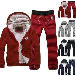 Wholesale Stock Men's Winter Fur Hood Warm Track Suit With Drawstring Sweatpants Full Front Zip Hooded Thick Sweat Suit Slim Fit - Product Image 4