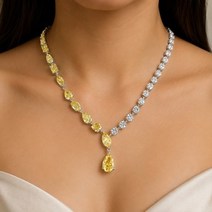 Elegant White Gold Pear Cut Canary Yellow & Round White Diamond Drop <b>Necklace</b> for Women Elegant Two-Tone <b>Statement</b> Bridal gift - Product Image 1