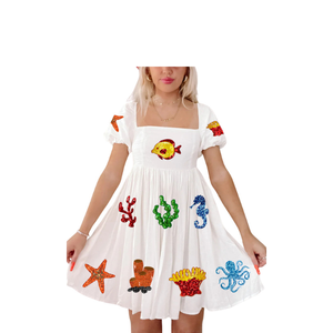 Conjunto de 2 Piezas de Verano para Mujer, a la Moda, con Lentejuelas y Perlas Bordadas, Transpirable, Holgado, Cuello Redondo, Vestido Informal - Product Image 5