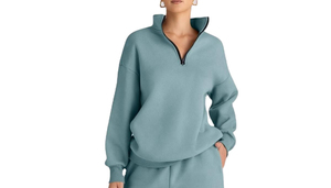 Ensemble sweat à capuche demi-zip et pantalon de jogging en coton tricoté pour femme, couleur unie, coupe classique, séchage rapide, idéal pour l'hiver - Product Image 2