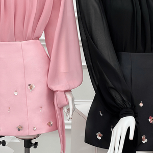 Elegante conjunto de 2 piezas para mujer con blusa de manga abullonada y falda de corte A de cintura alta, diseño personalizado de Vietnam Manufacturing Clothing. - Product Image 3