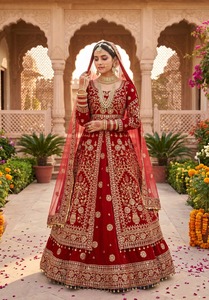 Lehenga Choli de Novia Rojo Terciopelo con Bordado a Mano, Borde de Encaje y Borlas, Vestido de Novia para Mujer - Product Image 2