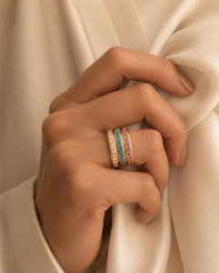 Bague éternité plaquée or avec pierre de naissance - Zircon blanc, turquoise, tourmaline rose, émeraude, bague halo, cadeau pour elle - Product Image 3