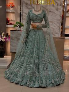 Luxury Sea <b>Green</b> <b>Net</b> Lehenga Choli Set Heavy Sequins Zari Embroidery Full Sleeve Indian Pakistani Winter Party Bridal Wedding - Product Image 1