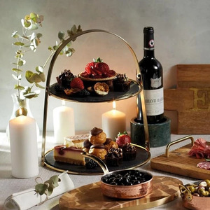 Modern Two-Tier <b>Cake</b> <b>Stand</b> With Round Dark Slate Platters Sleek Gold Metal Frame An Arching Top Carrying Handle Decorative item - Product Image 5