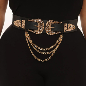 Streetwear Black Leather <b>Belt</b> Women Double Vintage Buckle Gold <b>Chain</b> Latest Style Clubwear Fashion <b>Belt</b> For Women - Product Image 3