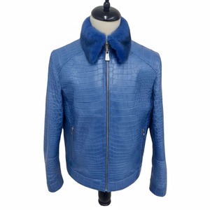 Chaqueta de Cuero PU con Estampado de Cocodrilo Azul para Hombre, con Cuello de Piel, Cierre de Cremallera Frontal, Estilo Motero, Chaqueta de Invierno - Product Image 1