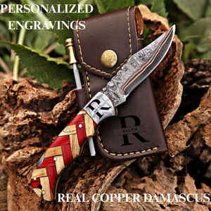 Copper Damascus Steel Multifunctional Outdoor Survival Folding Pocket Knife Steel Bolster Wood Handle Back <b>Lock</b> EDC Knife - Product Image 1