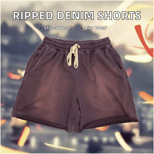 Shorts en coton brodés avec logo personnalisé, effet vieilli, délavé au soleil, bords coupés, délavé à l'acide pour homme - Product Image 6