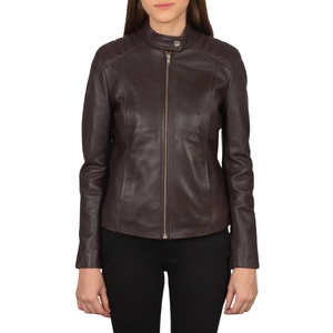 Chaqueta de Motociclista de Cuero Genuino Marrón para Mujer, Cuello Alto, Cierre de Cremallera, Manga Larga - Product Image 4