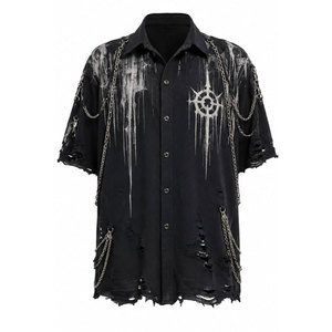 Woven Cotton Style Gothic Oversized Short Sleeve Shirt Black <b>Cross</b> Print <b>Chains</b> Decorated Ripped Design - Product Image 2