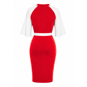 Delta |   Sigma |   Vestido Midi Ajustado de Mujer Theta con Bloques de Color en Contraste Rojo y Blanco, Manga Capa, Detalle de Botones y Lazo en la Cintura - Product Image 5