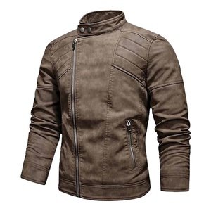 Men's Classic Spring and Autumn Leather Jacket in Black Brown Thin Section Canvas <b>Fabric</b> Hooded Collar Motorcycle Jacket - Product Image 1