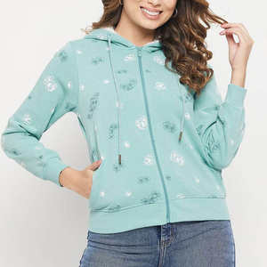 Sudadera con capucha y cremallera para mujer, estampada en color menta, mezcla de algodón, corte regular, informal. - Product Image 1