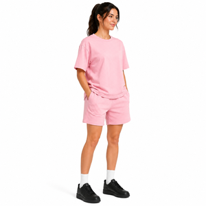 Women's Pink Oversized T-Shirt and Shorts <b>Set</b> Crew Neck Loose Fit Solid Color Knitted Cotton Casual Two-Piece Outfit - Product Image 3
