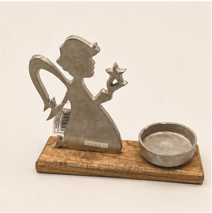 Handcrafted Decorative Angel Metal Candle Holder With Solid Wood Base Elegant Guardian Angel Figurine For Home Decor Centerpiece - Product Image 3