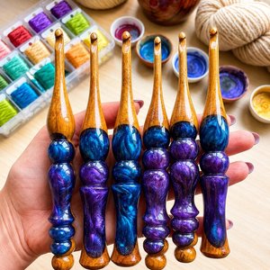 Fresh Arrival Eco-Friendly Durable Resin Wood Crochet <b>Hooks</b> | Handmade Ergonomic Design | Purple Teal Swirl Pattern | Gift for - Product Image 1