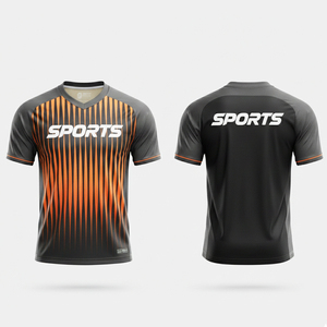 Camiseta Deportiva para Hombre, Manga Corta, Cuello en V, Negra con Rayas Naranjas, Absorbe la Humedad, Ropa de Fútbol, Ajuste Atlético, Estampado Sublimado - Product Image 1