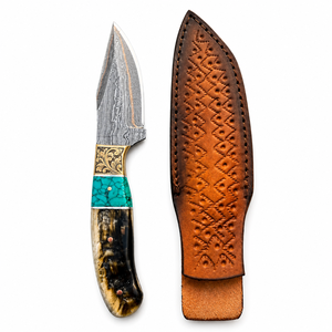 Cuchillo de combate, caza y camping hecho a mano de acero de Damasco y cobre, con mango de cuerno de carnero, bolster de latón grabado, funda de cuero, punta caída, OEM - Product Image 2