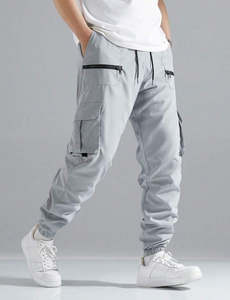 Pantalon de survêtement cargo gris pour homme, taille élastique, coupe ample, multi-poches, longueur normale, 100 % polyester, vêtements d'extérieur - Product Image 3