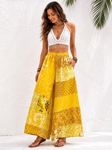 Bohemian Style Yellow Patchwork Cotton <b>Harem</b> Pants Women Full Length Regular Fit High Elastic Waist Wide Leg Breathable Pants - Product Image 1