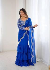 Elegante Saree de Georgette Sintética con Volantes y Bordado de Hilos y Lentejuelas |   Sari de Diseño para Fiestas con Blusa sin Coser - Product Image 2